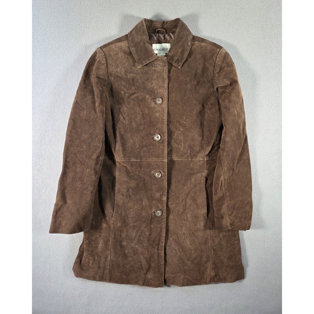 Cherokee Leather Jacket Womens Medium Brown Suede Mid Length Collared